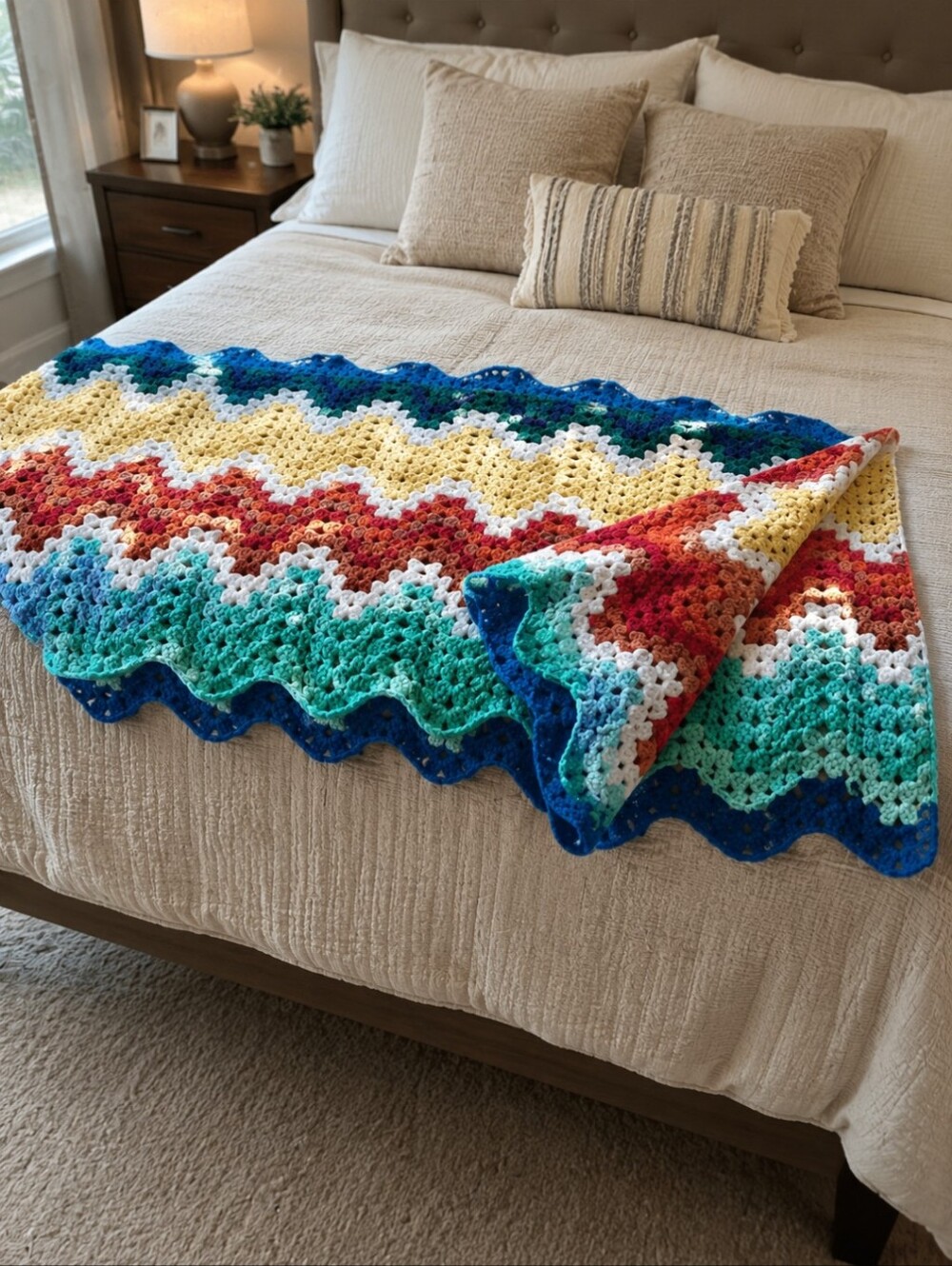 Hand-Crochet Blanket Chevron Pattern Throw Blanket 60" × 58" "Multicolour Afghan